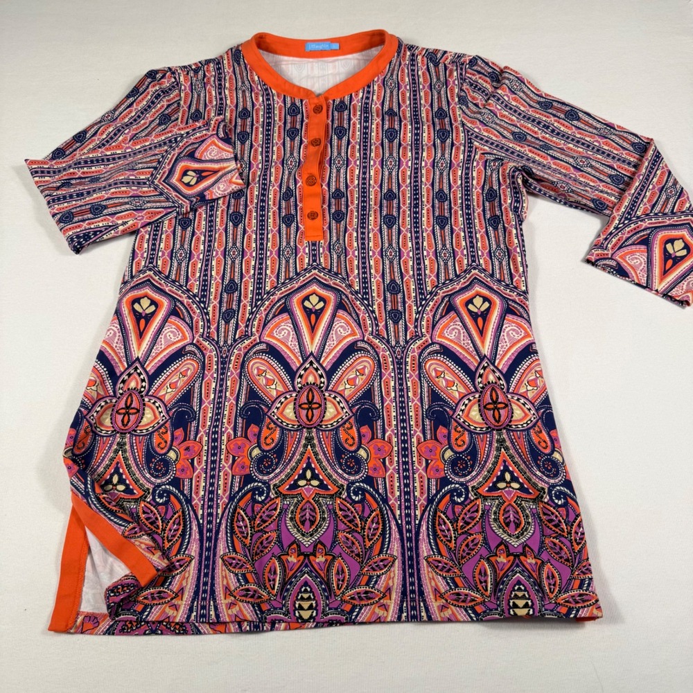 J.McLaughlin Tunic Top Large Orange Purple Paisley Catalina Cloth 3/4 Sleeve